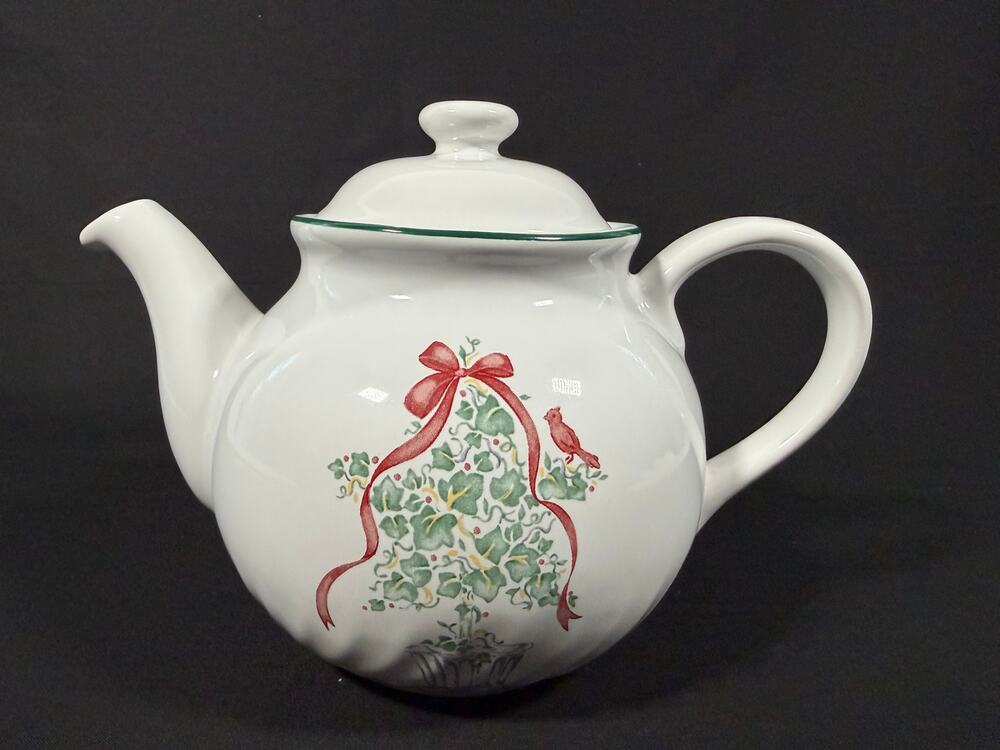 Corelle Callaway Holiday Christmas Stoneware Teapot Red Bow Cardinal